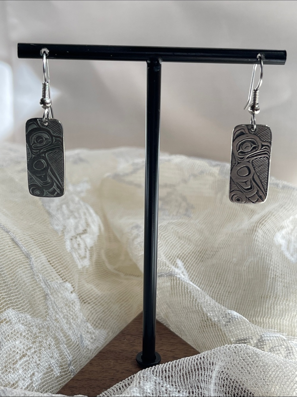 Silver-Tone Tribal-Engraved Rectangle Drop Earrings
